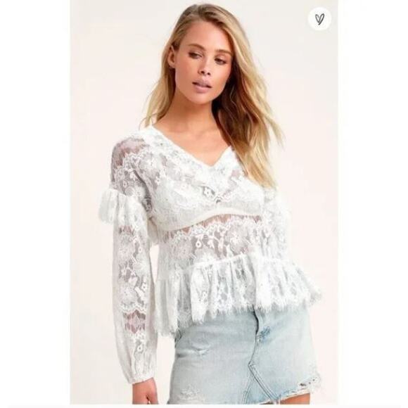 Lulu's White Sheer Floral Lace Ruffle Hem Long Sleeve V Neck Boho Boxy Top M - Picture 1 of 14